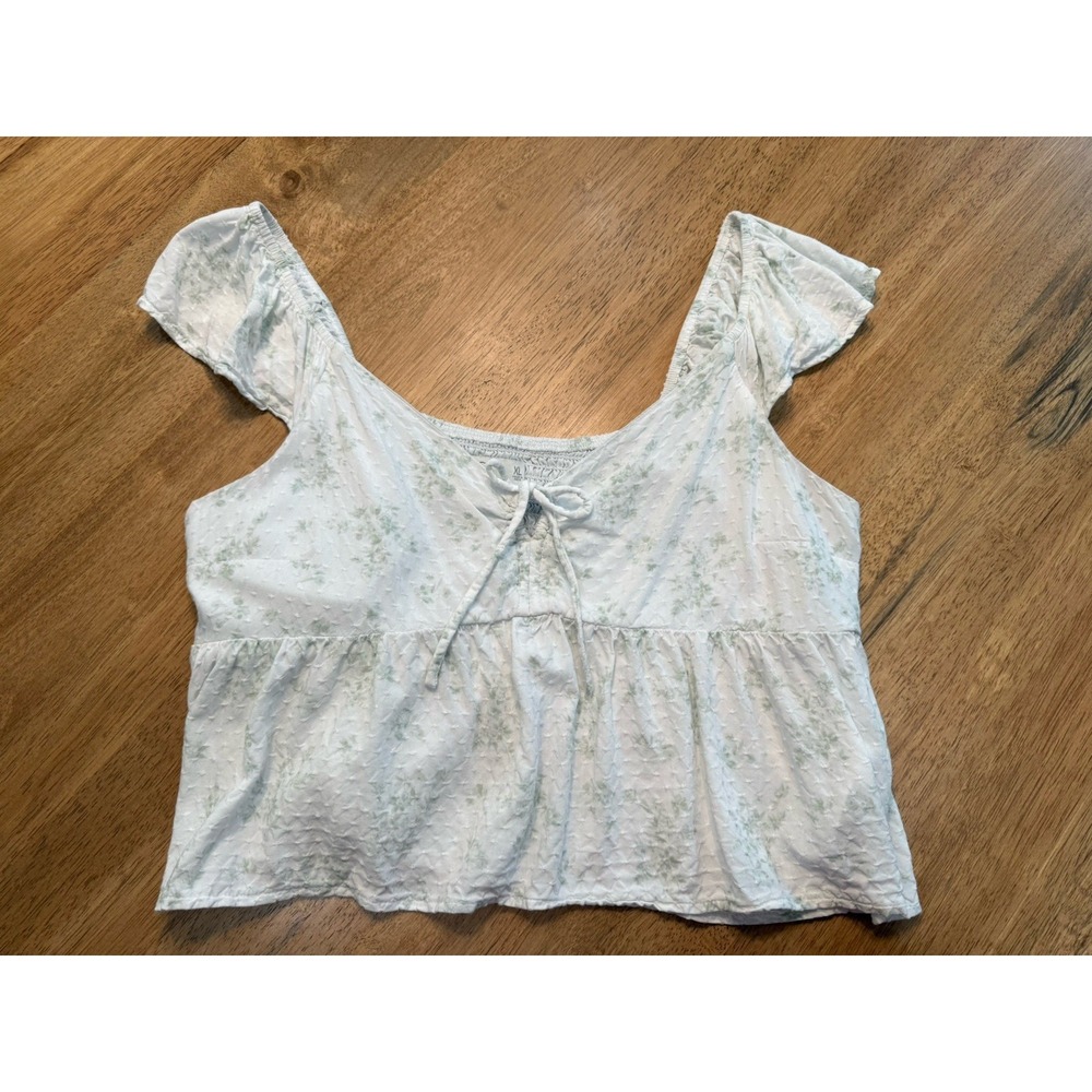 Hollister Floral Peasant Top XL Cottagecore Milkmaid Babydoll Tie Front Cutout - Picture 6 of 12